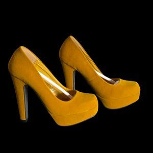 Qupid-Mustard Squared Toe Platform Block Heel